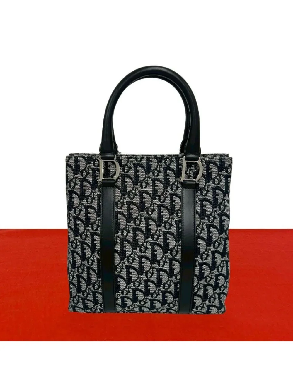 Dior Trotter Pattern Canvas Leather Handbag Mini Tote Black